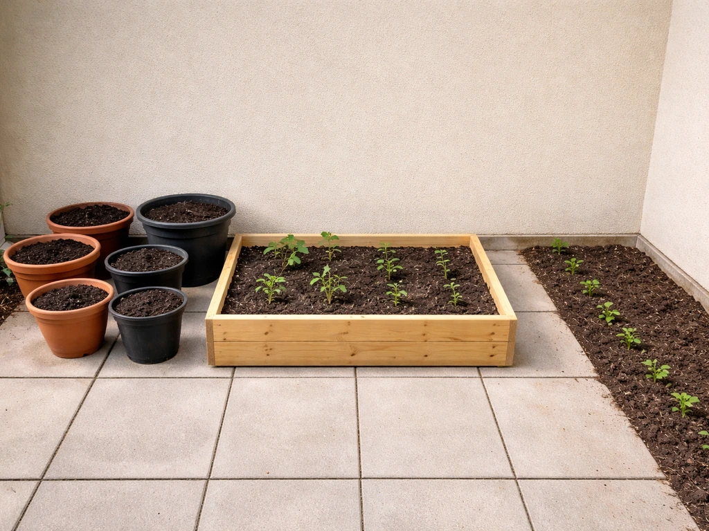 Patio with three simple garden options: containers, a raised bed, and an in-ground planting strip by the edge.