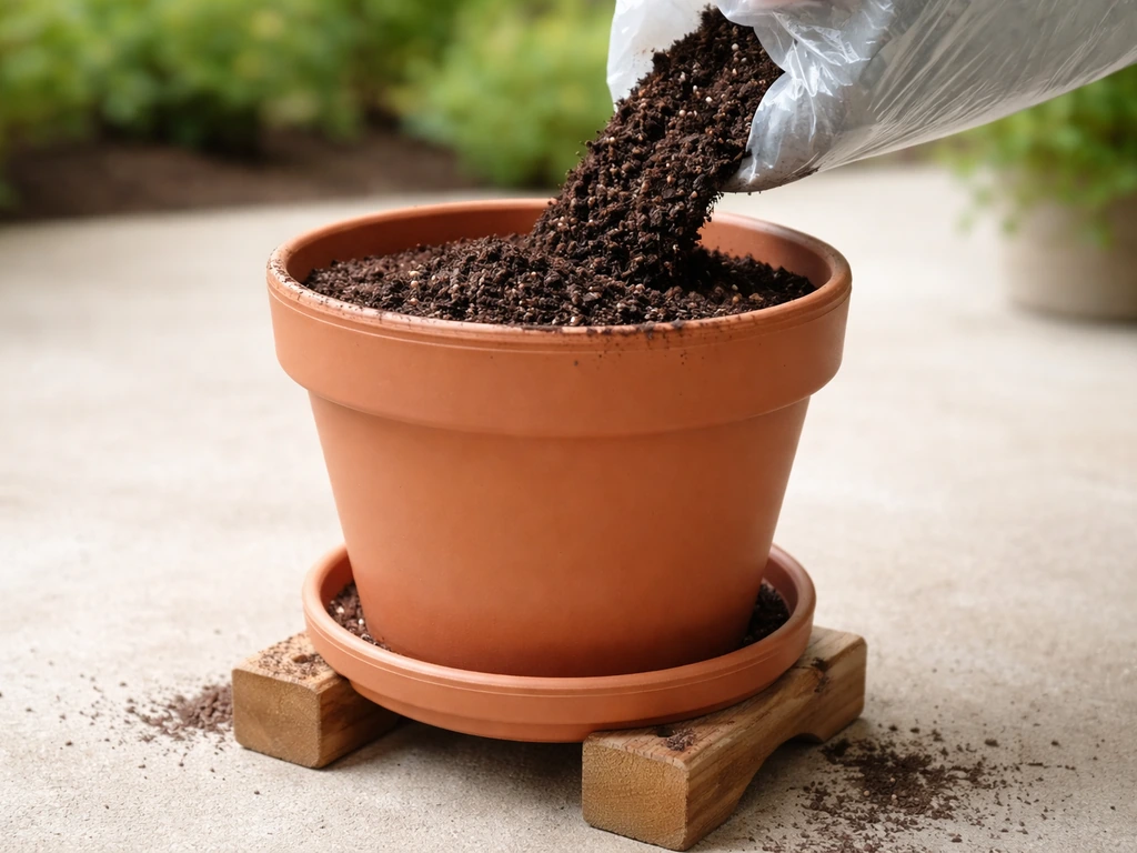 Garden container on small risers with potting mix being poured and drainage setup visible