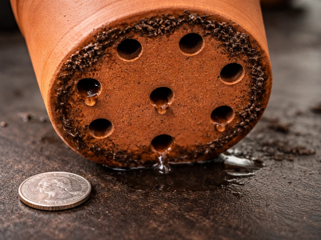 Close-up of a plant pot bottom with several drainage holes, a small coin/tape for scale, and water seeping out