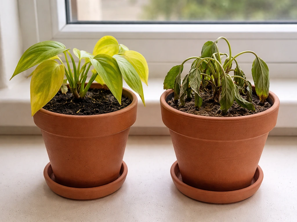 Two potted plants side-by-side showing underwatered wilting and overwatered yellowing leaves.