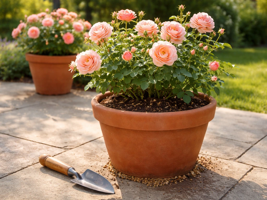 Healthy patio roses blooming in terracotta pots beside a paved patio, with a small trowel nearby.