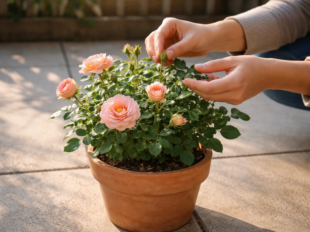 Gardener checking a compact patio rose in a pot near a sunlit patio