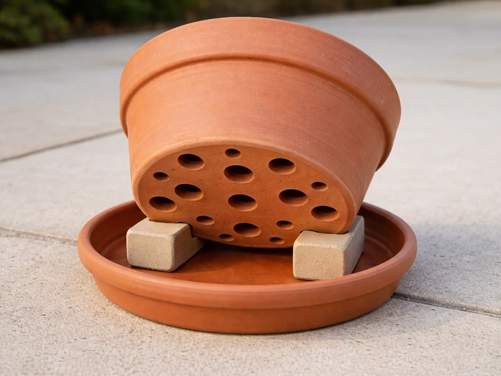 Terracotta pot with visible drainage holes elevated on pot feet so excess water can drain.