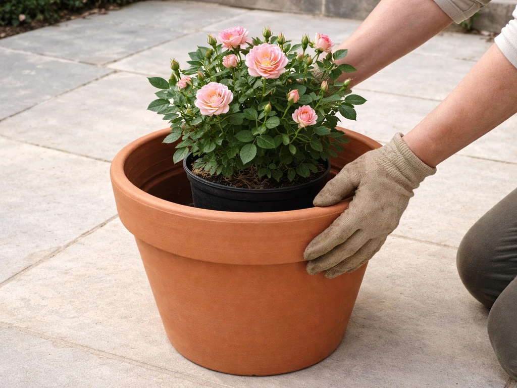 Hands position an empty terracotta pot with a patio rose in place on a stone patio before filling soil.