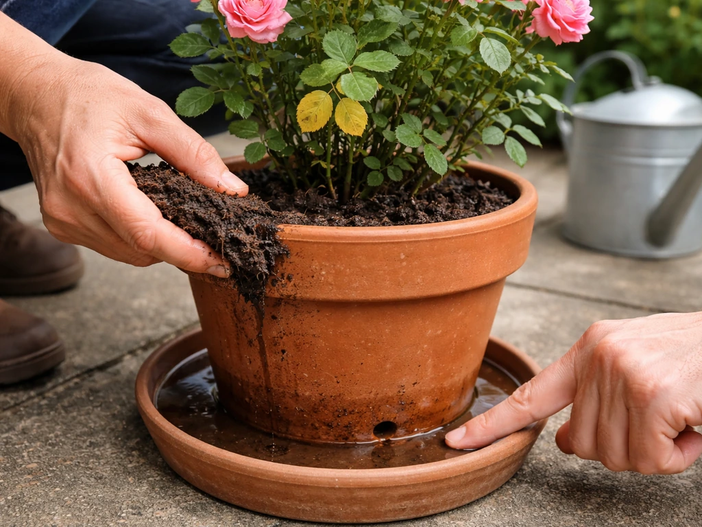 Hands inspecting patio rose pot soil and drainage holes after yellow leaves appear.