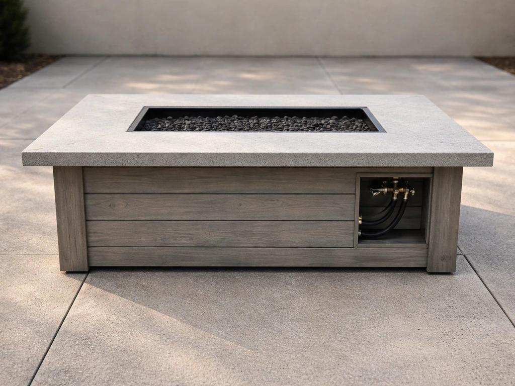 Finished DIY patio fire table on a leveled outdoor patio with recessed fire pan and subtle propane connection area.