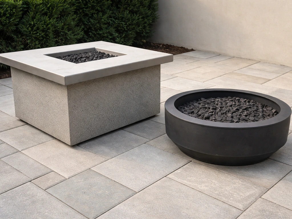 Side-by-side view of a raised fire table with recessed fire pan and a lower standalone fire pit bowl.