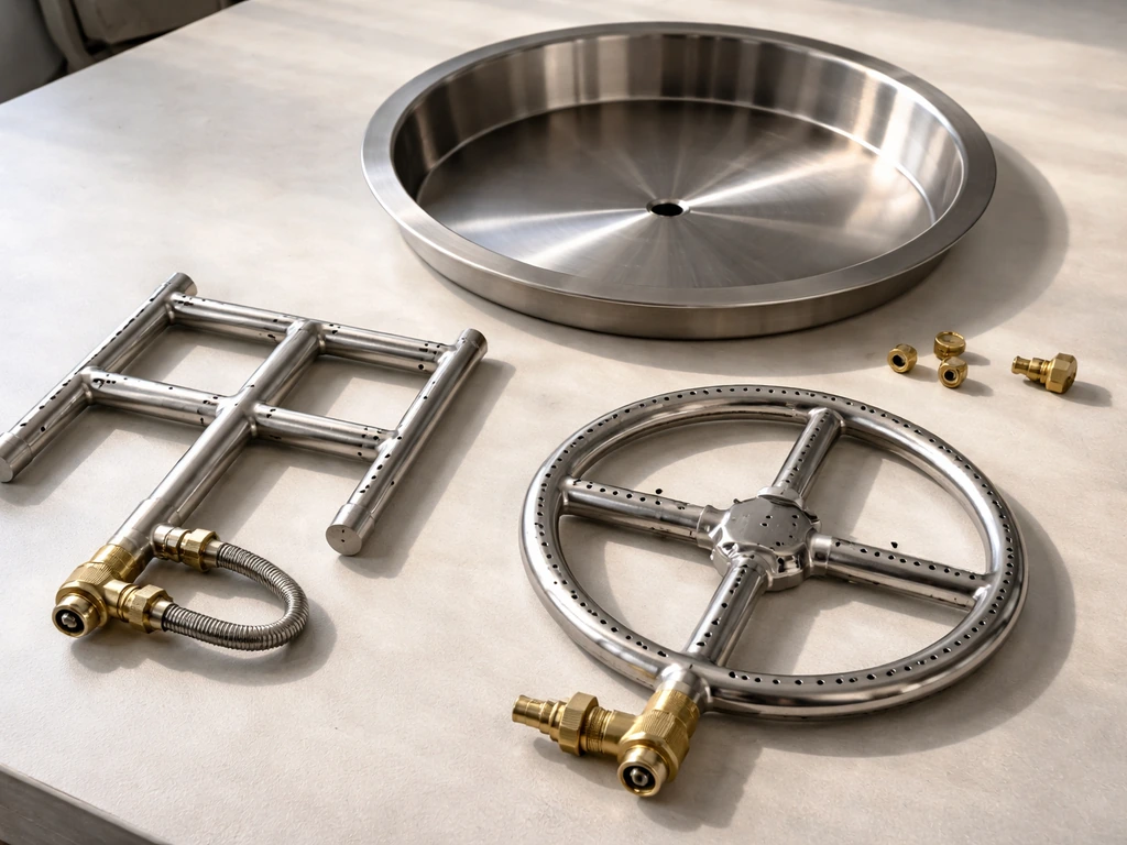 Close-up of a stainless pan and H-burner/ring burner components laid out on a work surface.