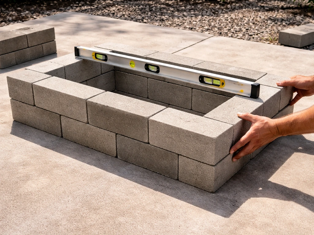 Hands dry-laying and squaring CMU blocks on a patio while a level checks alignment.