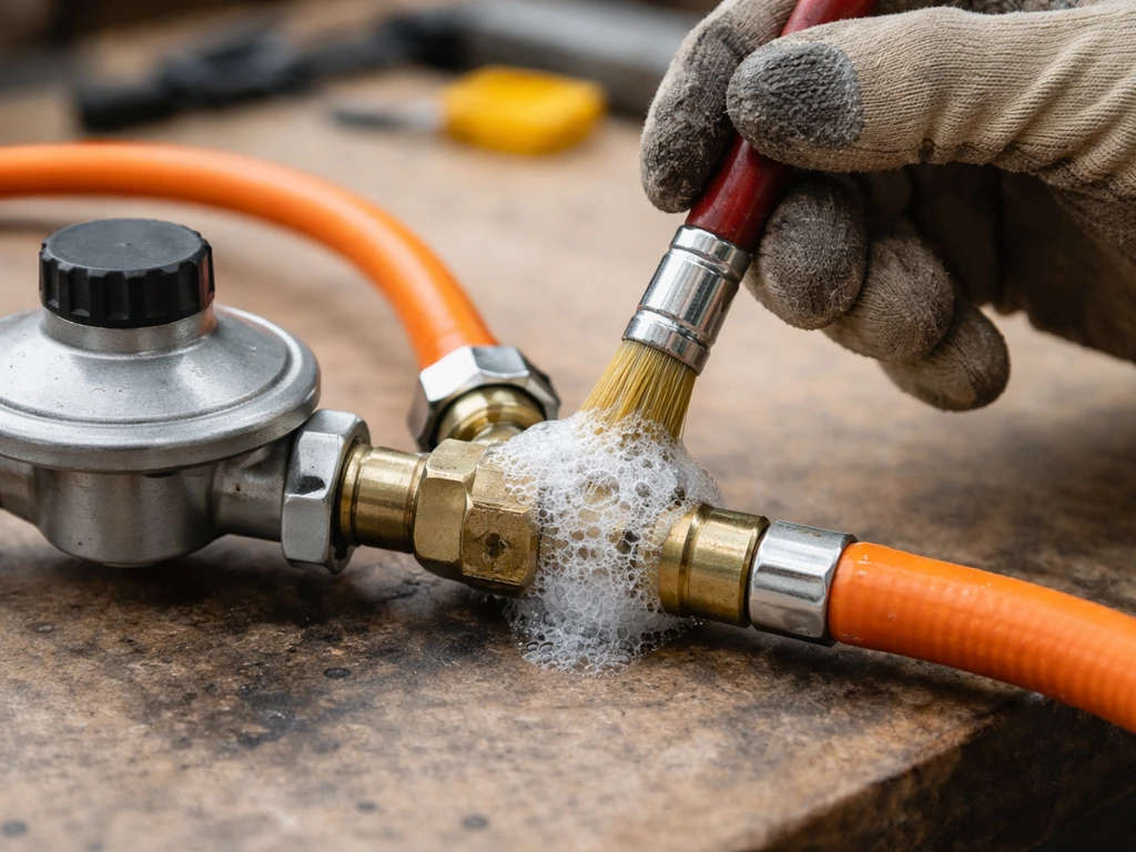 Worker’s gloved hand brushing soapy water on a gas line connection; small bubbles indicate a leak check.