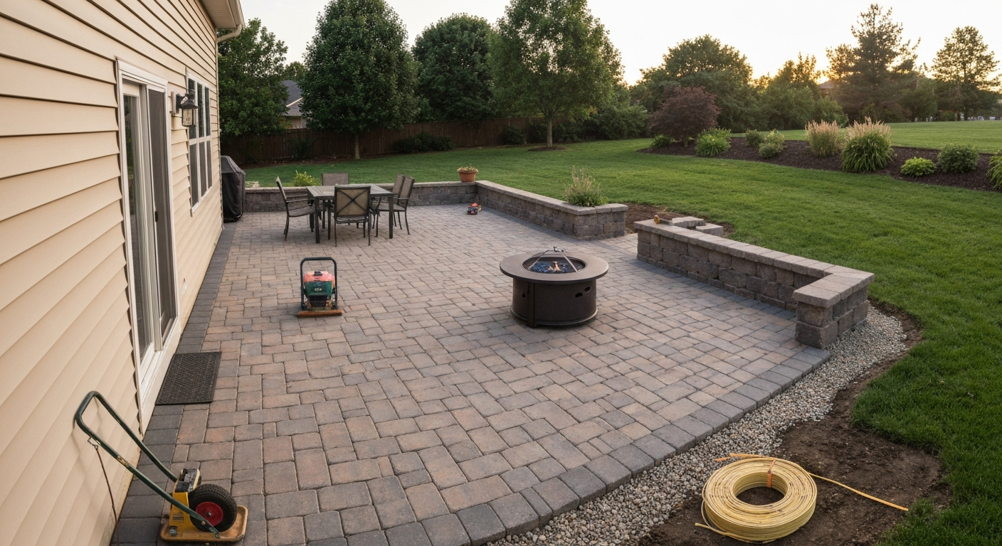 Finished backyard paver patio next to a house with dining set, fire pit, planter wall, and nearby DIY tools, photographed at golden hour.