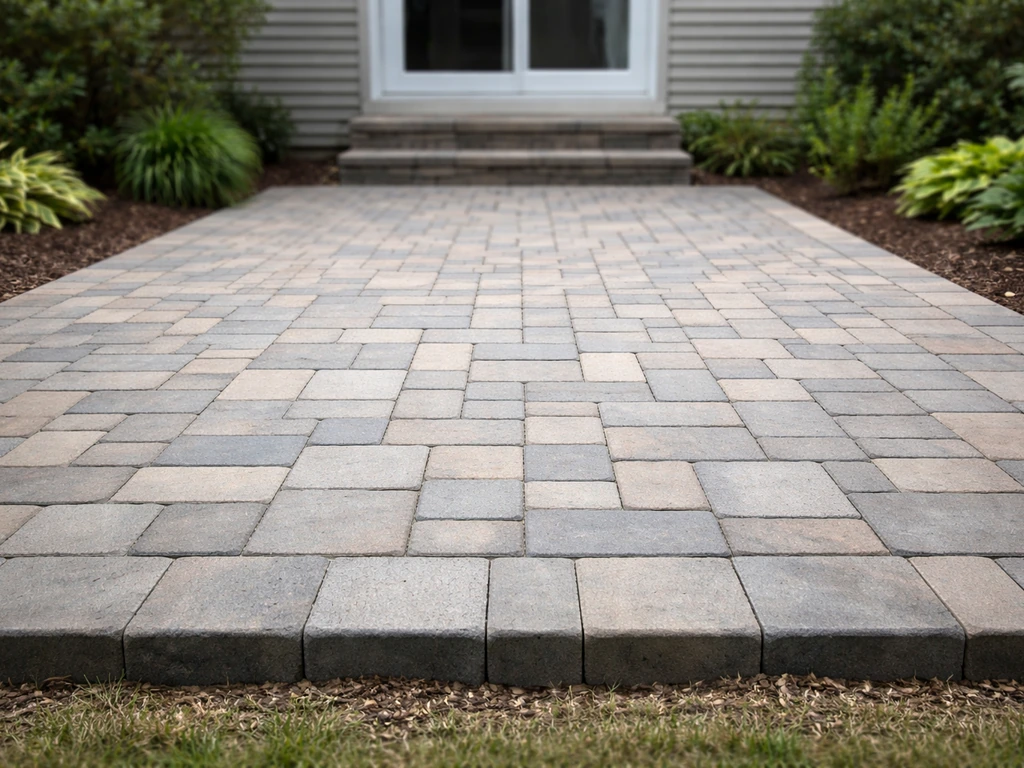 Finished backyard patio with neatly aligned pavers and a subtle drainage slope.