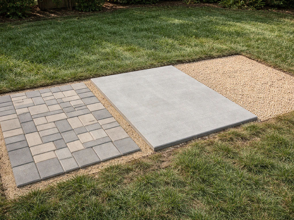 Minimal backyard showing three DIY patio materials: pavers on sand, poured concrete, and gravel/decomposed granite