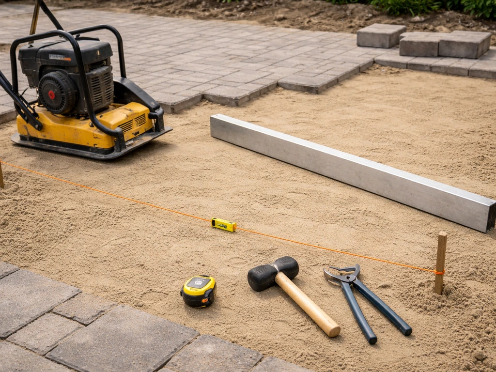 DIY patio tools laid out on patio pavers: plate compactor, string line, level, tape measure, and screed board