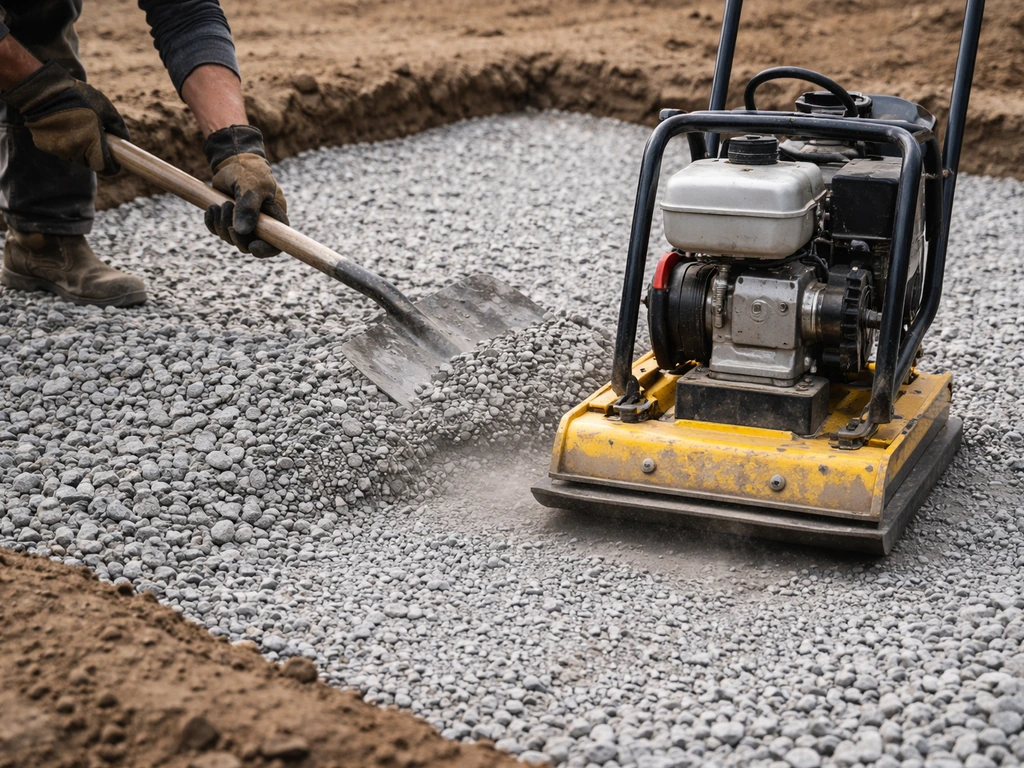 Plate compactor compacts a fresh 3–4 inch gravel layer while a worker levels the base.