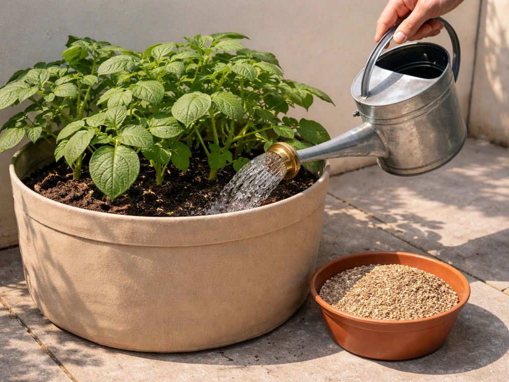 Gardener watering container potatoes on a sunny patio with a fertilizer container nearby