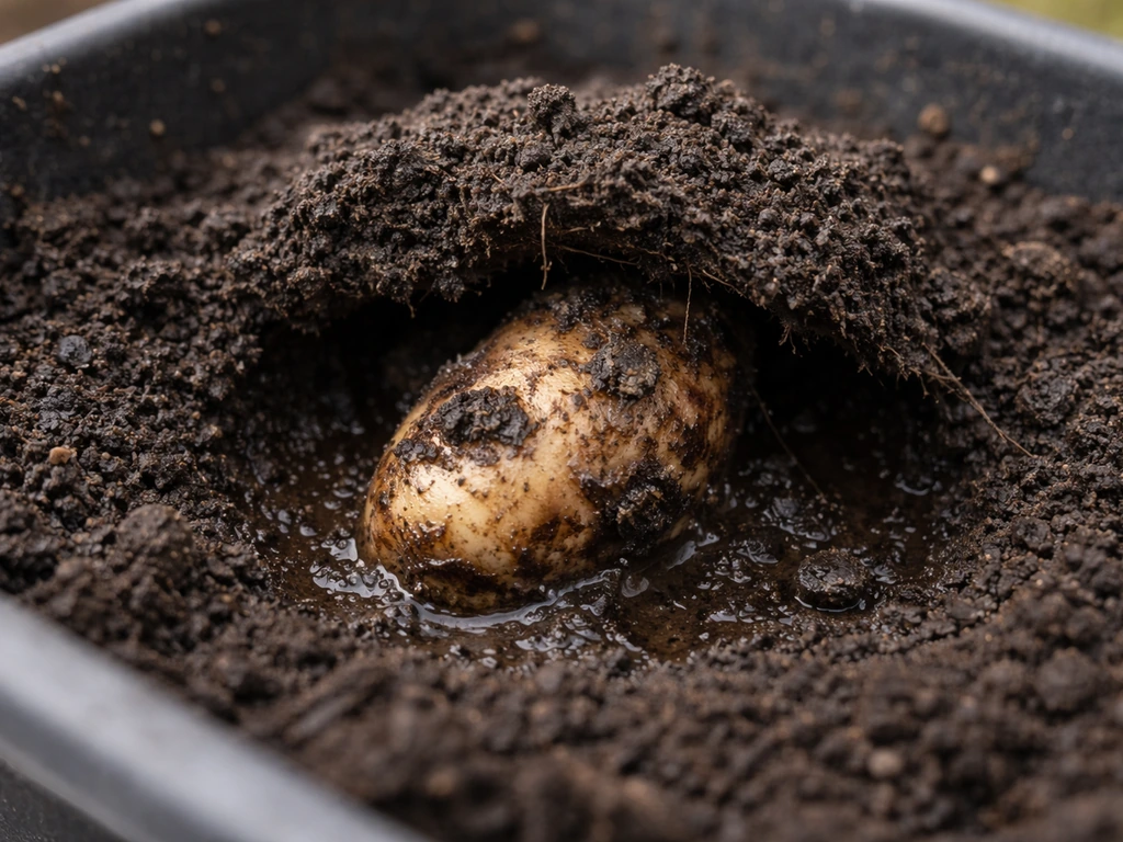 Mushy rotted seed potato revealed in loosened soil plug from a garden container
