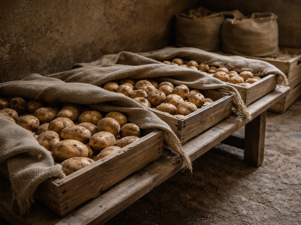 Potatoes curing on trays in a cool shaded area, with burlap sacks and a ventilated crate nearby.