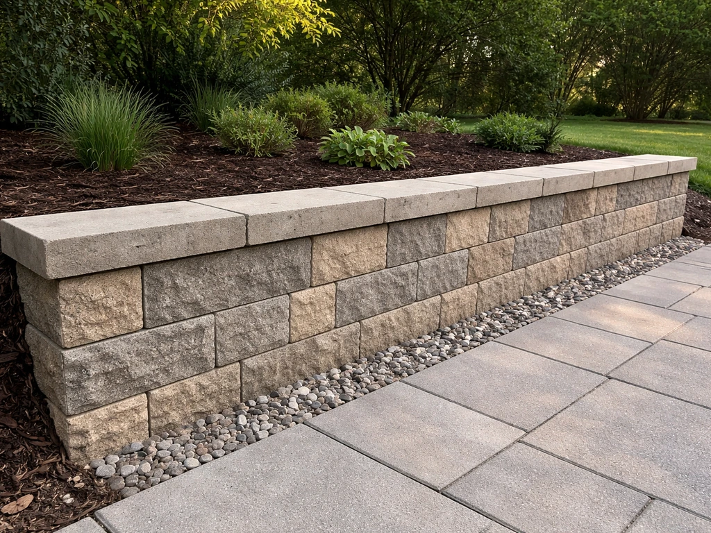 Finished small patio retaining wall of segmental blocks with clean caps beside a patio and landscaped yard.