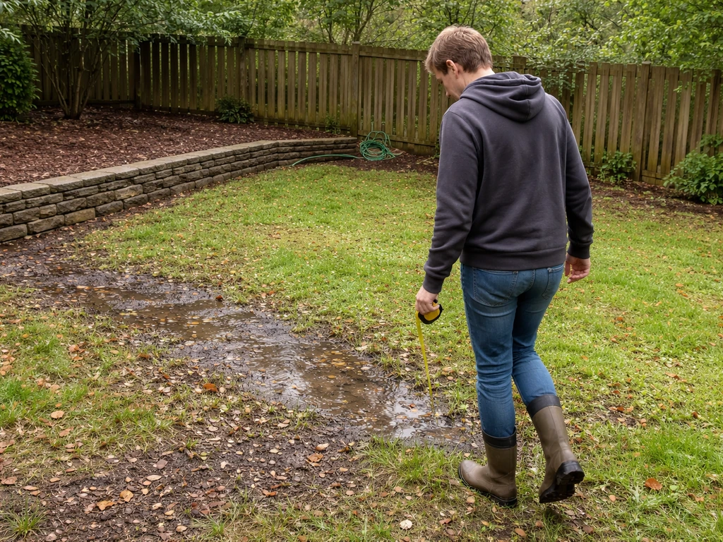 Homeowner walks a wet backyard yard, checking grade and drainage for possible retaining wall placement.