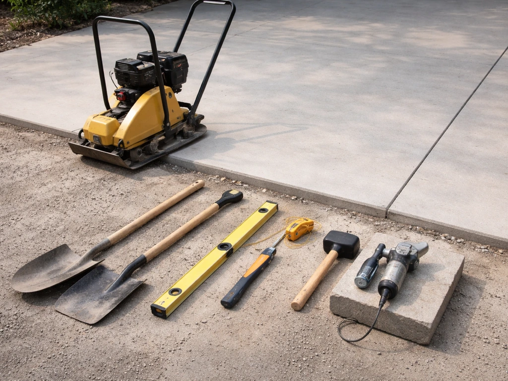 Construction tools staged in a driveway/garage: plate compactor, shovels, level, mallet, tape, and chiseling gear.