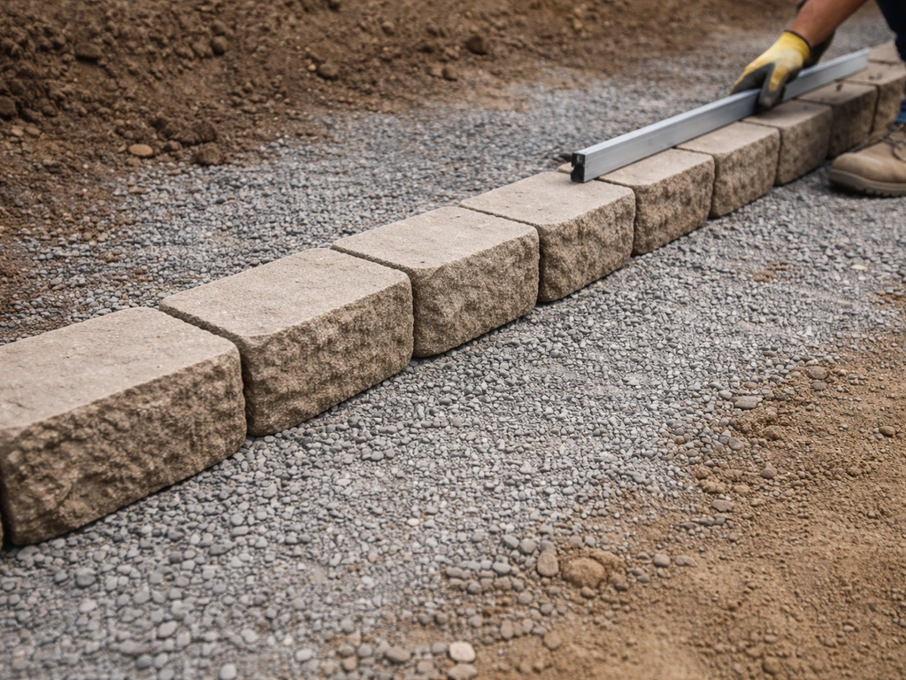 First course of segmental blocks set on compacted gravel with alignment tool beside the wall.
