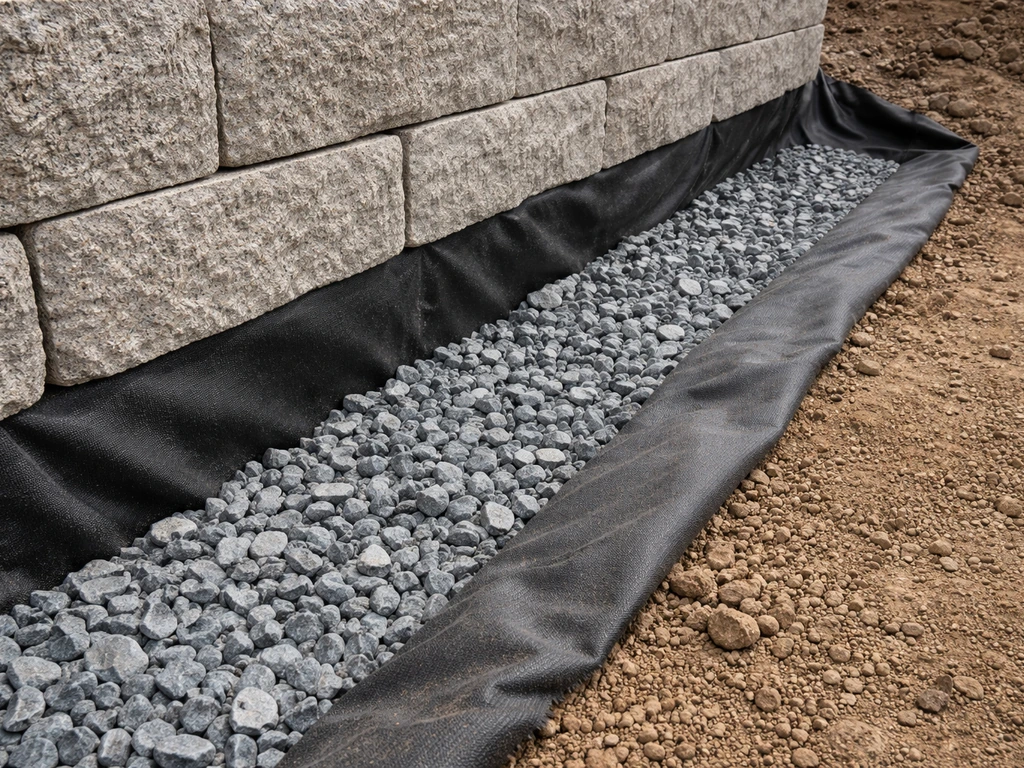 Close-up of drainage rock behind retaining wall blocks with geotextile guiding water away
