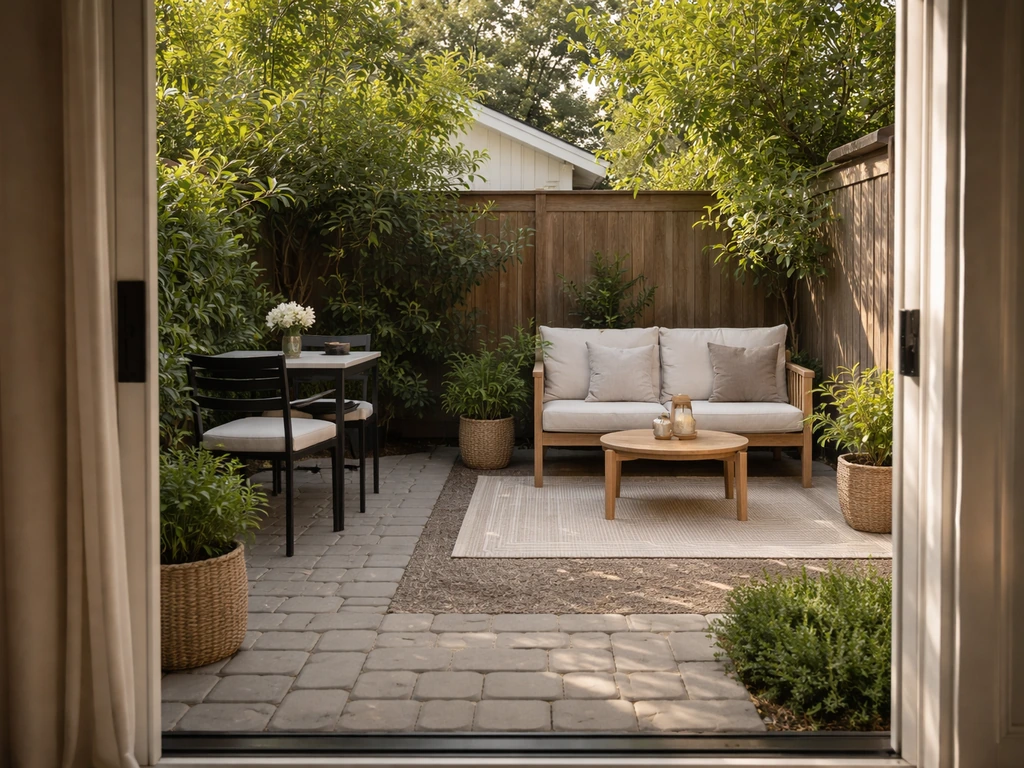 Small patio with separate lounging and dining zones, right-sized furniture, and a clear walkway from the living doorway.