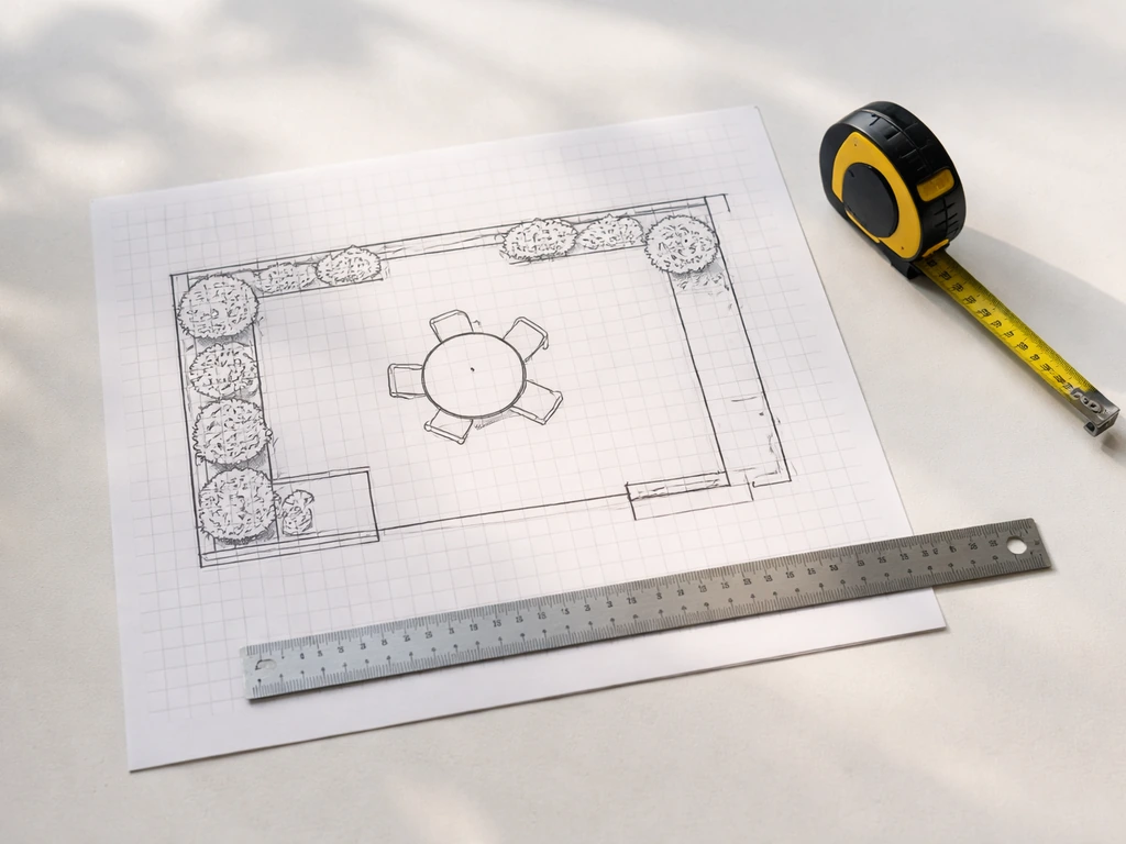 Top-down view of graph paper with a hand-drawn patio outline, straightedge, and tape measure