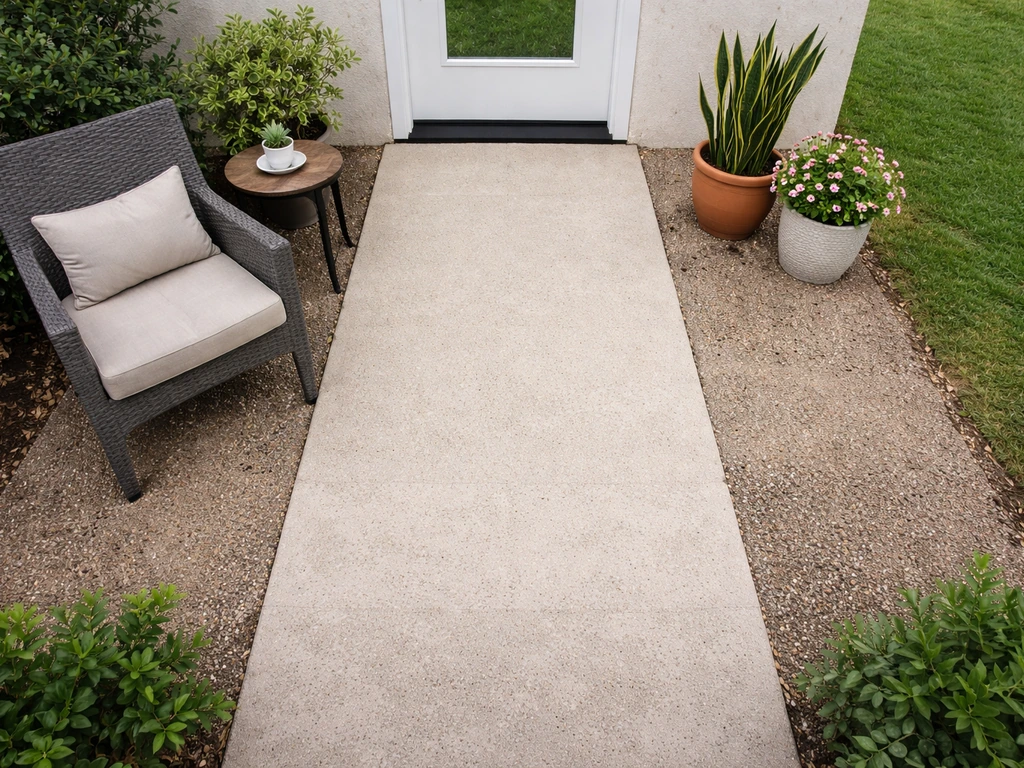 Overhead view of a small patio with a clear 36-inch path from a door to the yard, furniture kept clear.