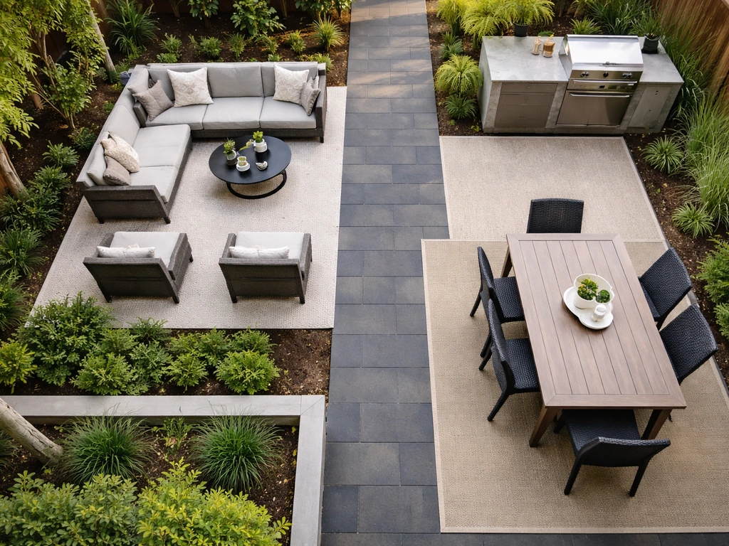 Overhead view of a patio layout with rugs and planters separating seating, dining, and grilling zones.