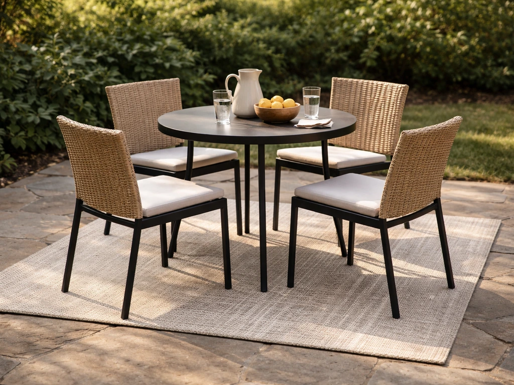 Compact outdoor dining area with chairs pulled out and an outdoor rug anchoring the table zone.