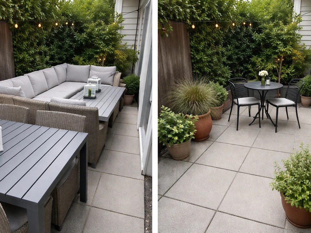 Side-by-side patio scenes showing oversized furniture blocking walkways versus right-sized bistro set with clear paths.