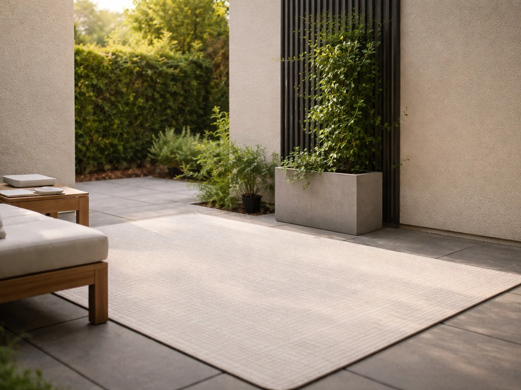 Small patio with a large outdoor rug and tall planter/trellis creating a sense of space.
