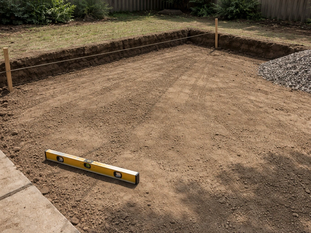 Excavated patio base with graded soil, drainage edge, and a level with string line for slope alignment.