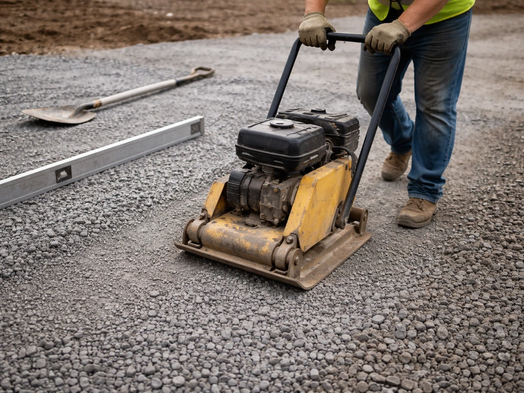 Worker spreading and compacting crushed stone road base with a plate compactor and straightedge