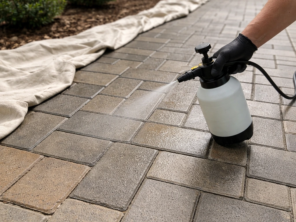 Hand applying penetrating paver sealer with a sprayer on installed concrete pavers; joints visible, tarp nearby.