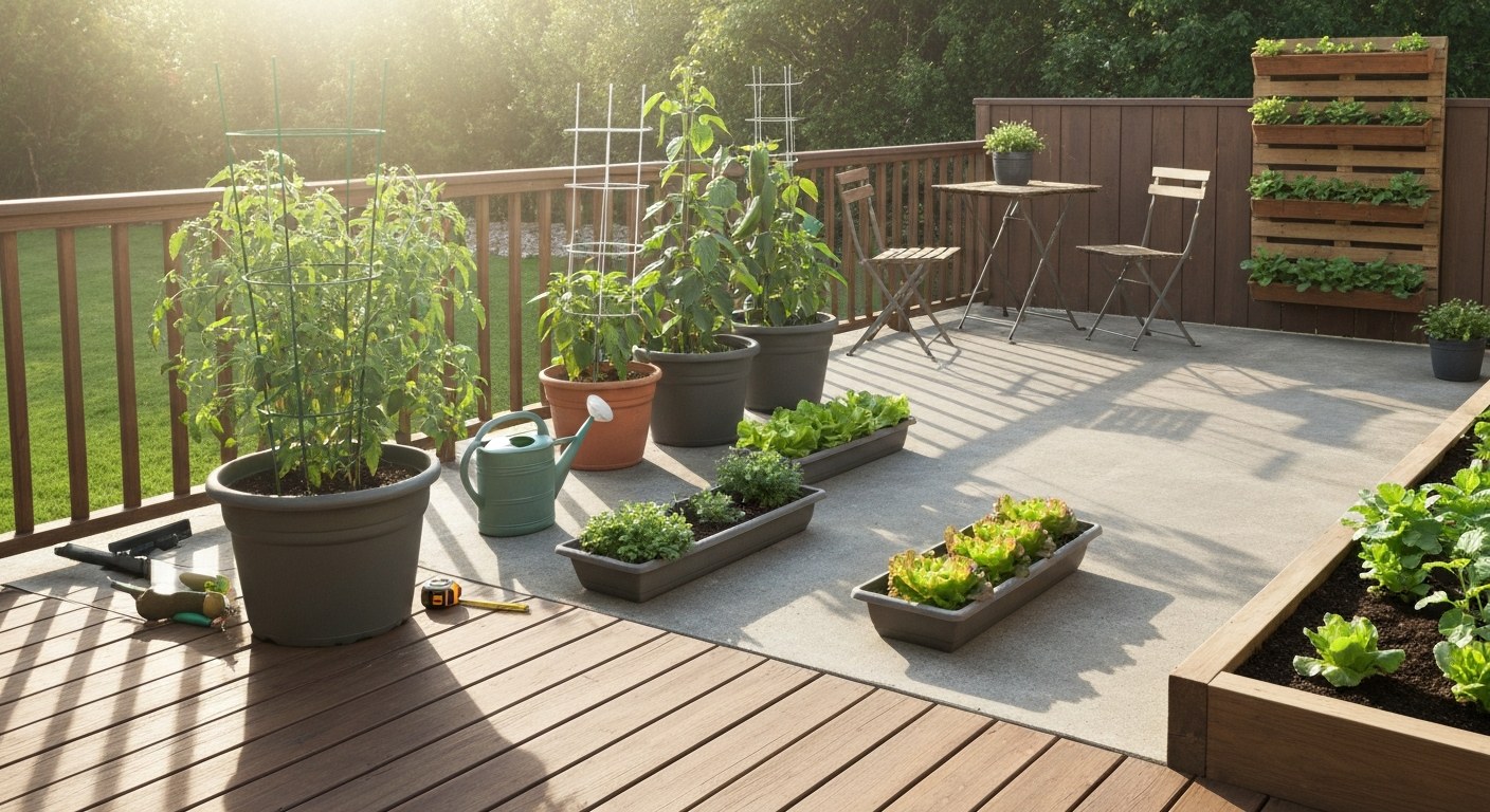 Angled photo of a small patio vegetable garden showing containers, a raised bed and a vertical planter in morning sunlight, with watering can and furniture for scale.