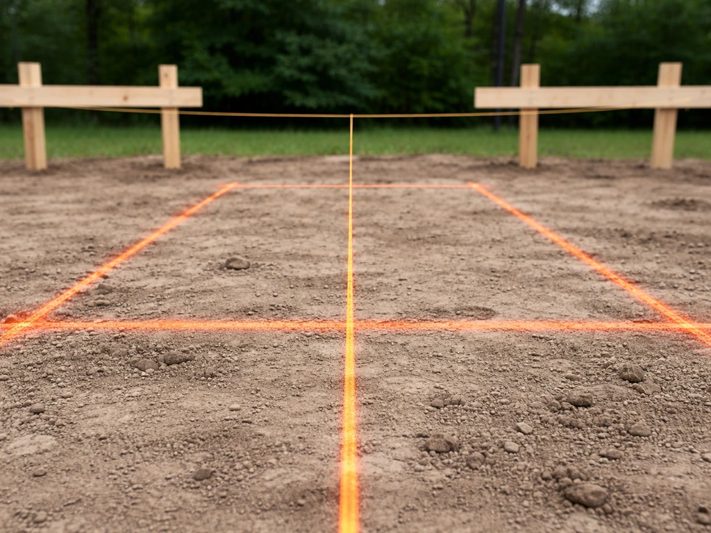 Chalk and spray markings on bare ground beneath taut string lines and batter boards for a square excavation footprint.
