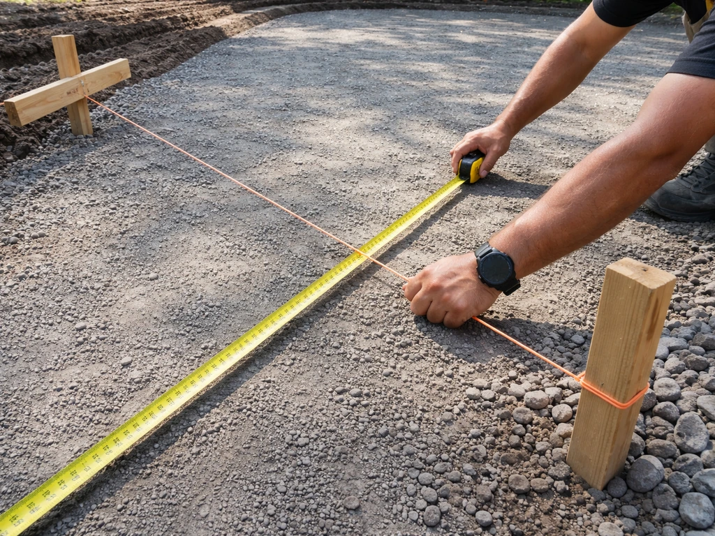 Hands re-stringing batter board lines and checking diagonals on a compacted base before pavers or concrete.