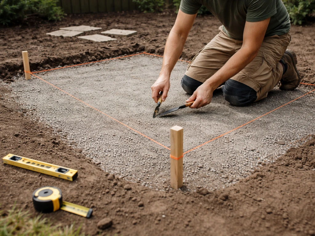 Solo DIYer kneeling while setting stakes and string lines to mark a paver patio layout on bare ground.