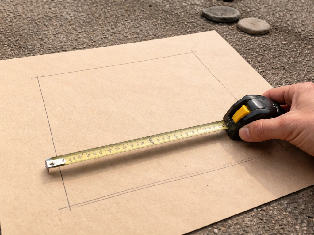 Tape measure stretched over a simple patio footprint sketch on a concrete surface