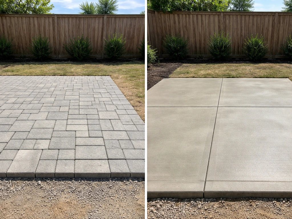 Side-by-side yard patios: gravel-set pavers on the left and smooth finished concrete on the right.
