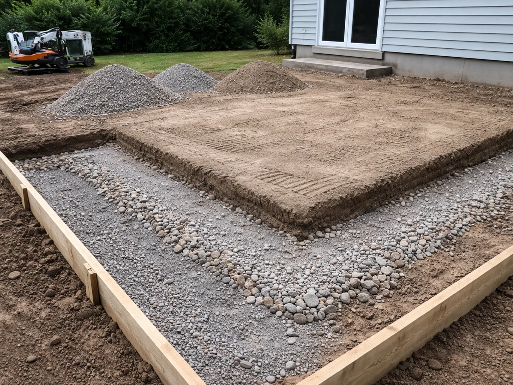 Contractor-style view of compacted fill and graded subbase layers on a raised patio site