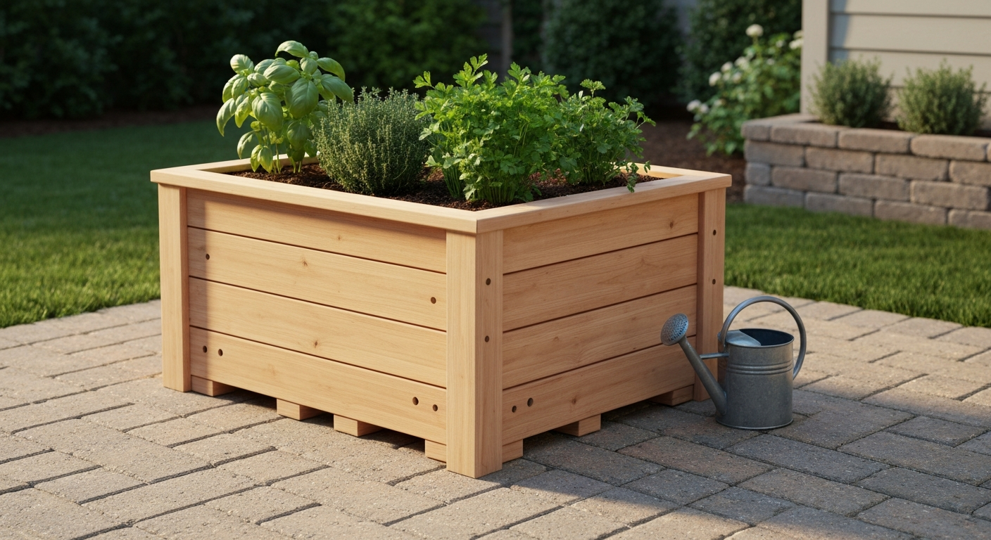 Finished cedar patio planter (24×12×12) on a small patio, filled with herbs and flowers.