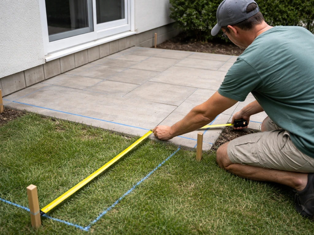 Anonymous kneeling in a backyard measuring a patio with a tape measure and chalk reference marks near the house.