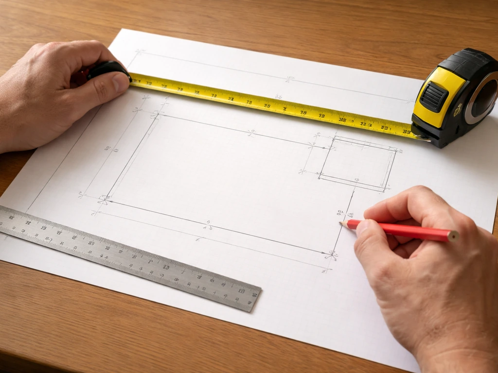 Hands measuring and marking patio edges on a sketch with rectangle shape options.