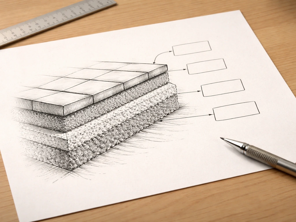 Minimal DIY patio cross-section sketch showing stacked materials with arrows and joint/edge details.