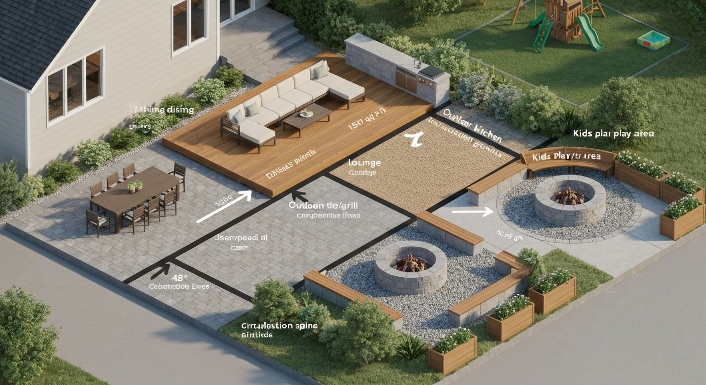 Isometric architectural rendering of a large patio divided into labeled zones (dining, lounge, outdoor kitchen, fire pit, play area, planting) with different materials, circulation arrows, and measurement notes.