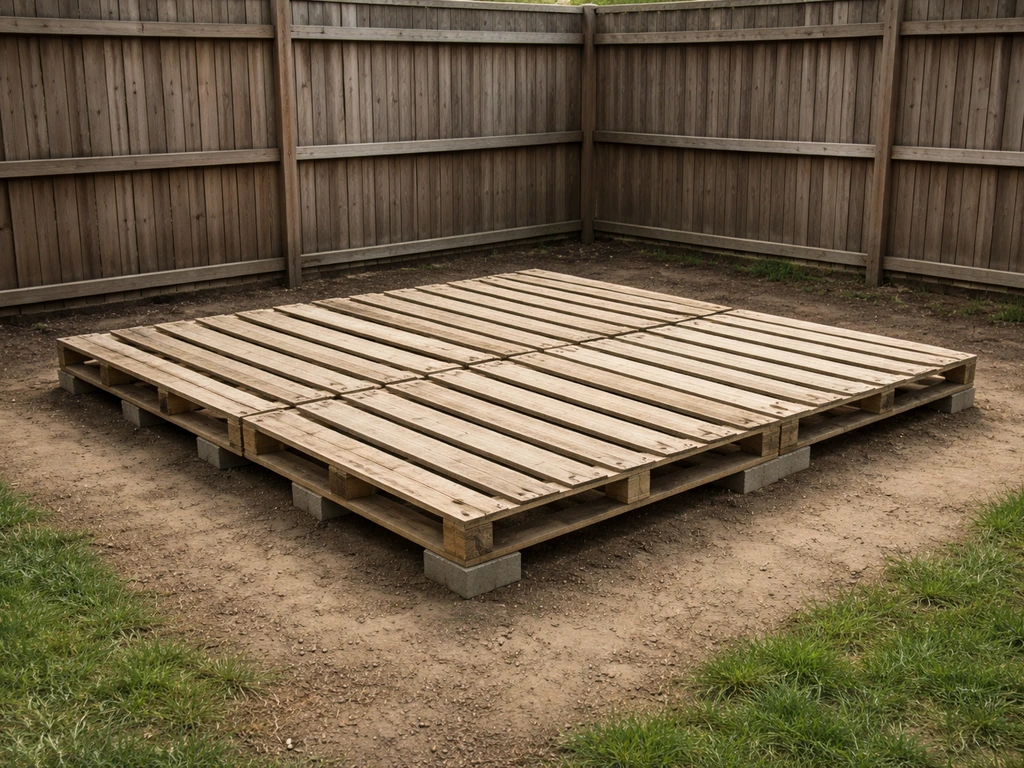 Low ground-level pallet patio deck on short blocks in a yard, elevated about 6–12 inches.